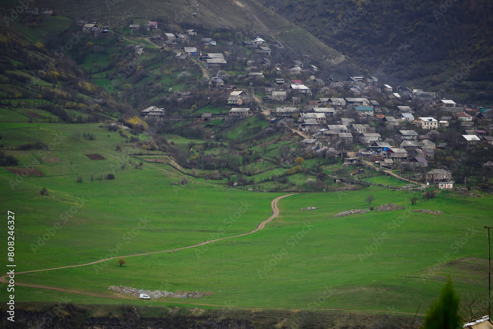 Akner village and surrounding at foggy day from distance, Armenia 