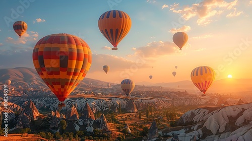 Colorful hot air balloons floating over Cappadocia, Turkey