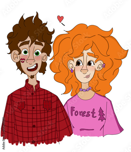 Hand drawing of a cool young couple. Casual characters. The first love of a guy and a girl. First kiss. Big expressive eyes and honest emotions. Funny teenagers. Illustrations for books, stickers