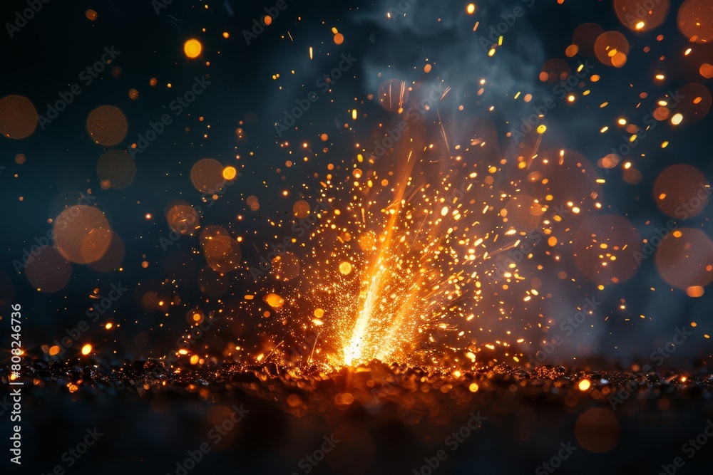 The photo captures a dynamic scene of glowing sparks erupting and flying in a dark environment