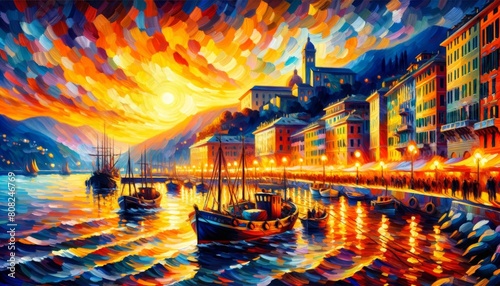 Sunset scene over the Riviera in Genoa  with striking and  vibrant colors.