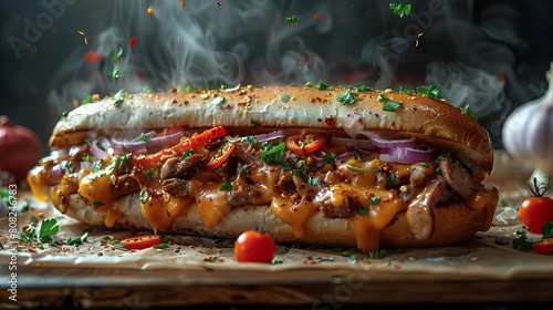 A Philly cheesesteak sandwich with tomatoes, onion and herbs photo