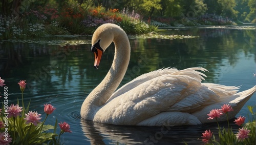 Illustrate a scene of Swan Lake in spring, with blossoming flowers and vibrant greenery adorning the shores. Pay meticulous attention to the ultra-realistic details of the springtime -Ai Generative © Sbahat