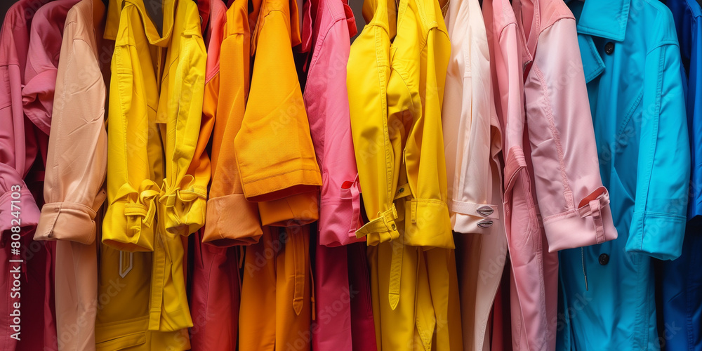 Pastel Shop Rails Clothing rail with bold bright pastel coloured clothes, retail shop or ...