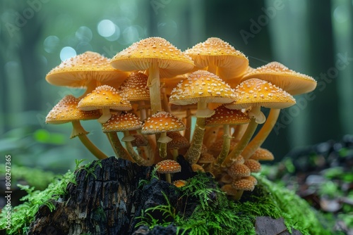 Luminous honey mushrooms sprouting from a moss-covered log, capturing an essence of woodland vitality and life cycle photo