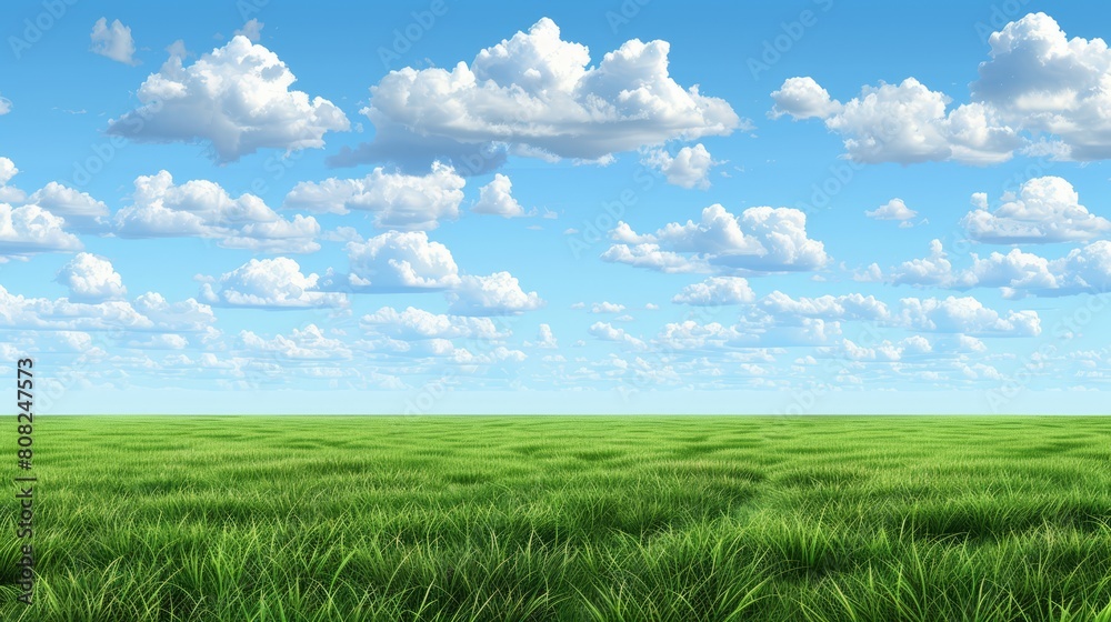 Fototapeta premium A expansive expanse of green grass beneath a blue sky, adorned with white clouds in the meridian hours A solitary tree stands in the heart of the pasture