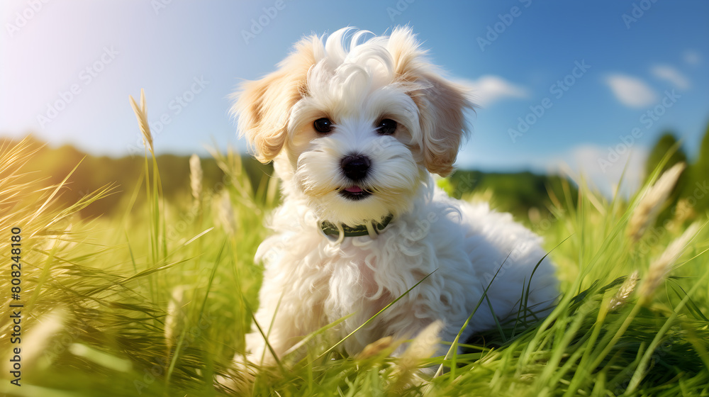 The Maltipoo puppy, playful demeanor, frolics on the grass. Maltese and Poodle mix. generative AI