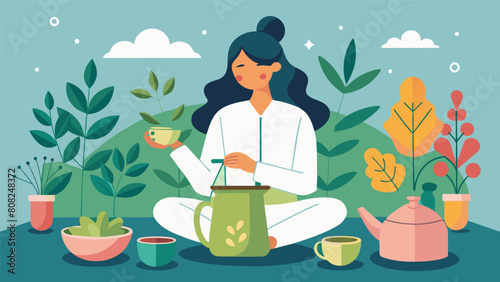 A rejuvenating herbal tea ceremony using natural ingredients grown on the retreats own gardens to promote relaxation and detoxification.. Vector illustration