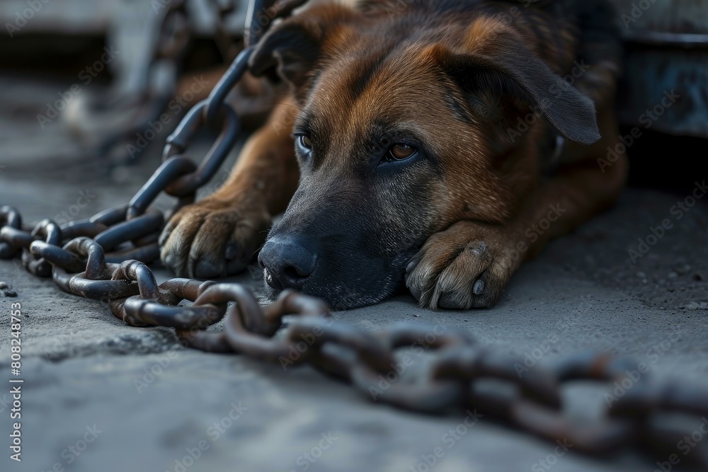 Tormented Abused dog locked in chains. Lonely sad homeless puppy dog. Generate ai
