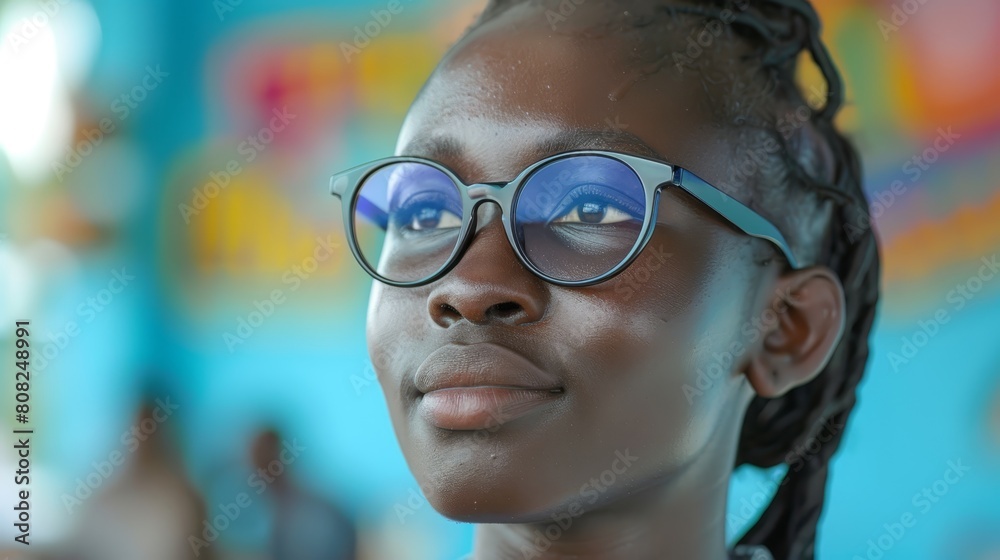 A tight shot of someone donning eyeglasses, superimposed with an image of a woman's face painted on their visage A tight shot of someone donning eyeglasses, superimposed with an image of a woman's face painted on their visage