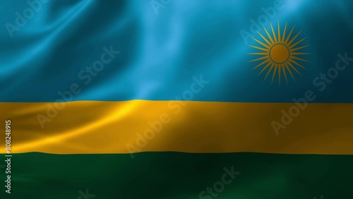 Realistic HD flag of the Rwanda waving in the wind. Close up of Rwanda Flag Slow Waving with visible wrinkles. flag background texture with vibrant colors and fabric background