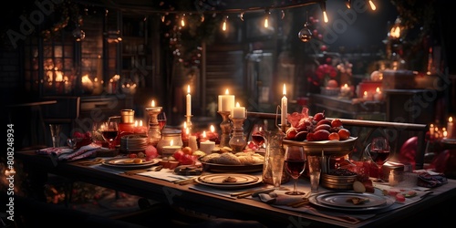 Christmas and New Year holidays background. Christmas ornaments and candles in the dark.