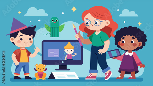 In the animation workshop children use their imagination to animate their favorite fairy tale characters using fun and easy software.. Vector illustration
