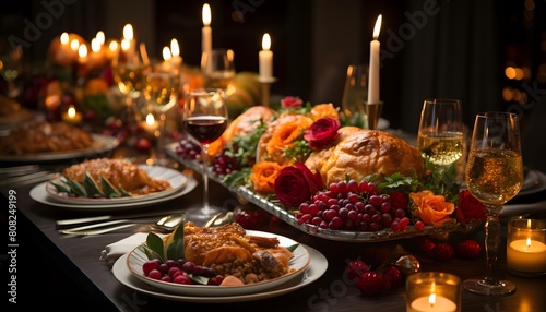 Thanksgiving dinner table with turkey and other traditional dishes  selective focus