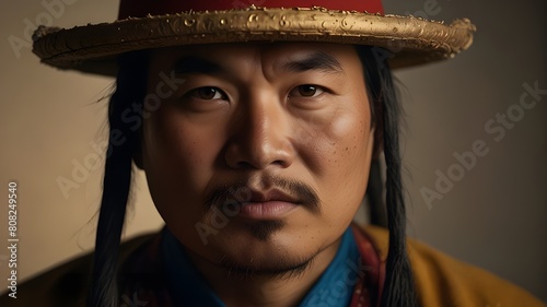 A medium-length portrait photograph with high detail and a Mongolian man wearing a traditional hat looking directly into the camera was taken during golden hour in a well-lit studio using a Supreme Pr
