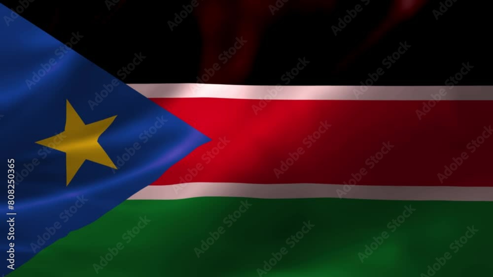 Realistic HD flag of the South Sudan waving in the wind. Close up of South Sudan Flag Slow Waving with visible wrinkles. flag background texture with vibrant colors and fabric background Realistic HD flag of the South Sudan waving in the wind. Close up of South Sudan Flag Slow Waving with visible wrinkles. flag background texture with vibrant colors and fabric background
