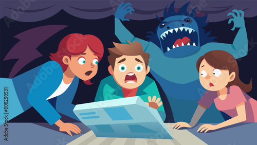 A group of youngsters scream in terror as they discover a monster under the bed its body constructed from bright billboards and newspaper clippings..