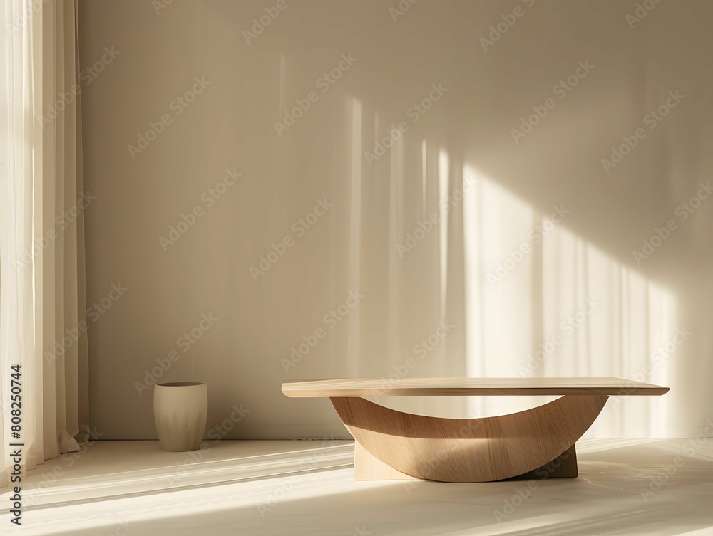 A wooden table in a room with a window A wooden table in a room with a window