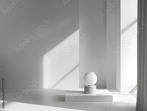 A white vase on a white platform in a room