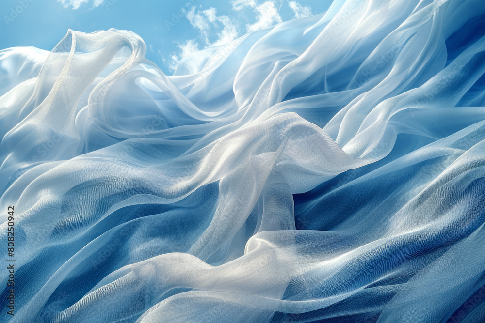 Obraz premium Flowing fabrics in sky blue and white, artistically arranged to represent clouds drifting across a summer sky,