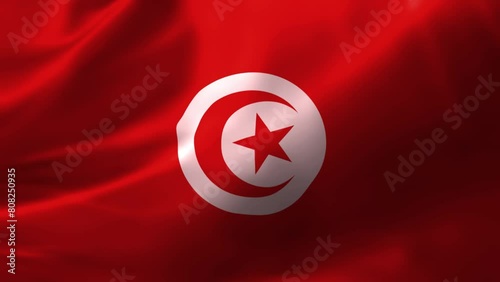 Realistic HD flag of the Tunisia waving in the wind. Close up of Tunisia Flag Slow Waving with visible wrinkles. flag background texture with vibrant colors and fabric background