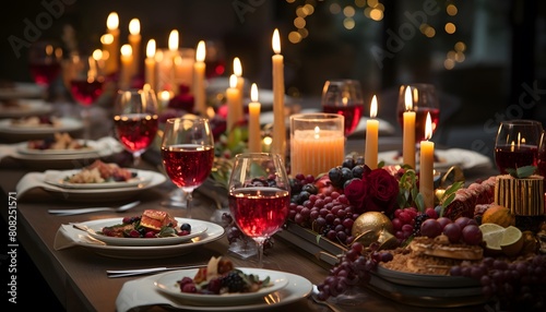 Festive table with red wine and candles in a restaurant. Festive dinner in a restaurant.