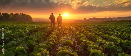 Two farmers examining an evening soy crop in the field.