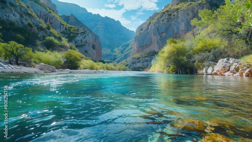 A serene landscape featuring a clean river flowing through a canyon with lush greenery.
