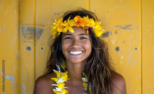 Portrait of attractive hawaiian young woman wearing a traditional haku lei on yellow background. photo