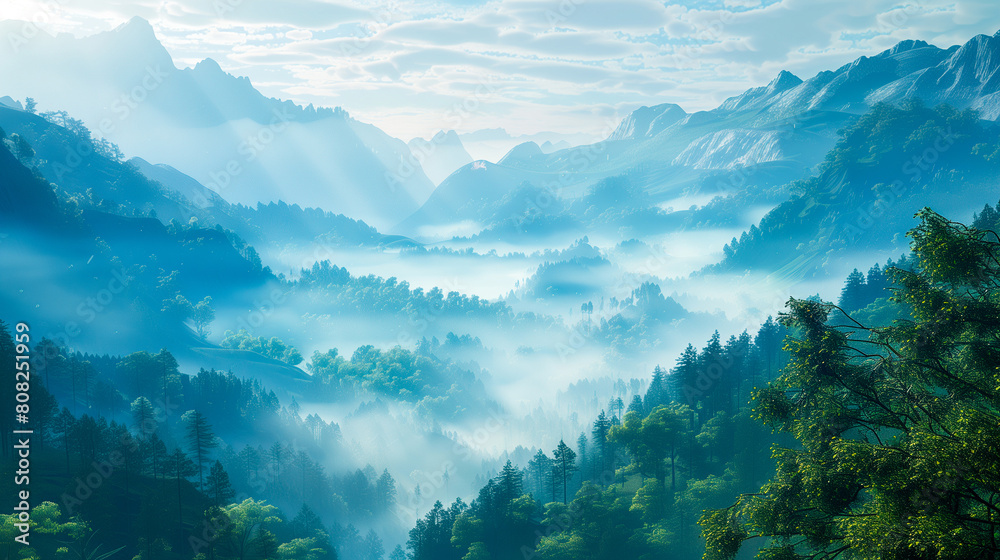 A foggy morning in the mountains with a view of the valley in the distance 