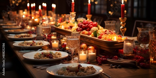 Wedding table with food and candles. Selective focus.