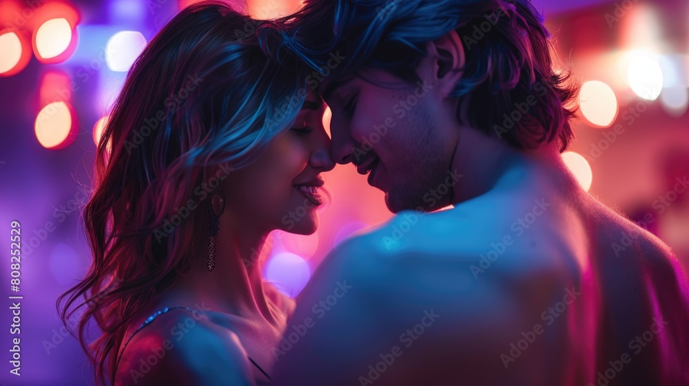 Intimate Couple Embracing in Neon Light Ambiance Intimate Couple Embracing in Neon Light Ambiance