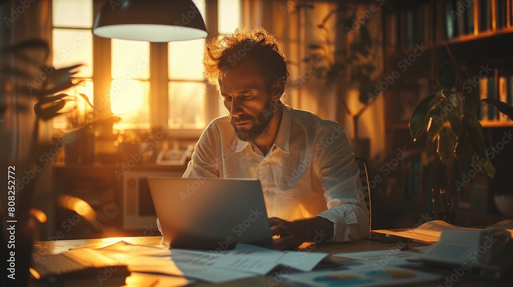 Focused Entrepreneur Working Late in Home Office Illuminated by Sunset Focused Entrepreneur Working Late in Home Office Illuminated by Sunset