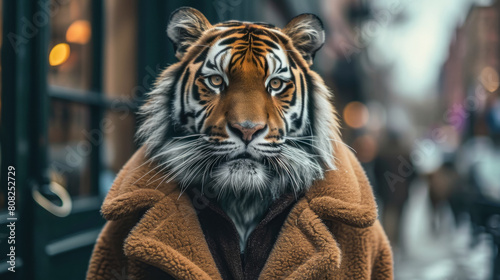 Majestic tiger prowls through city streets adorned in tailored sophistication, embodying street style. photo