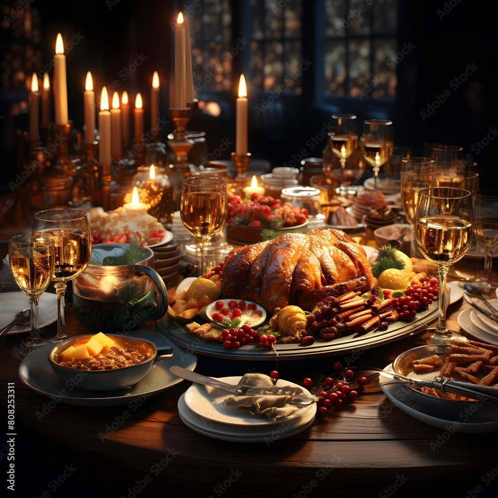 Festive table with a variety of food on the eve of Christmas