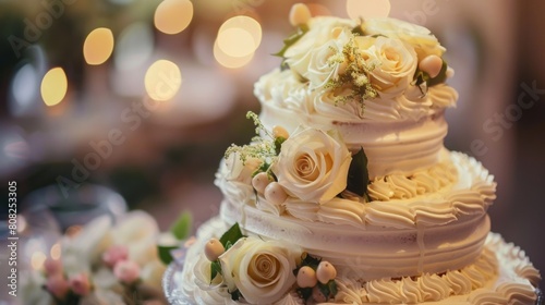 A lavish wedding cake embellished with delicate white flowers stands gracefully on a table