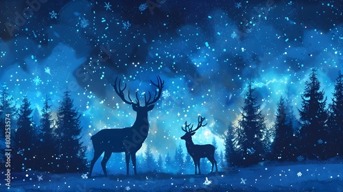 Ethereal Deer Silhouettes in Wintry Forest with Aurora Borealis Celestial Display