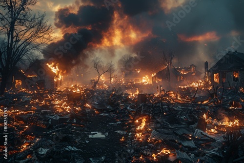 The heart-wrenching aftermath of a fiery destruction in a neighborhood  with houses still burning in the night