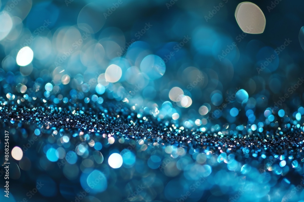 Fototapeta premium Sapphire glitter bokeh background. Unfocused shimmer royal blue sparkle. Crystal droplets glitter wallpaper, Ai generated