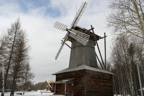 wooden windmill in the museum of wooden architecture