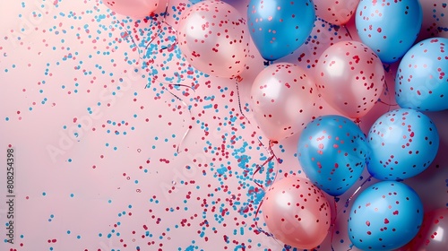 Festive Pink and Blue Confetti Explosion with Floating Balloons for Joyful and Parties photo