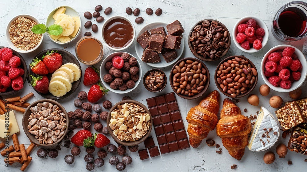 A variety of chocolates, nuts, fruit, and other foods lay out on a white countertop A variety of chocolates, nuts, fruit, and other foods lay out on a white countertop