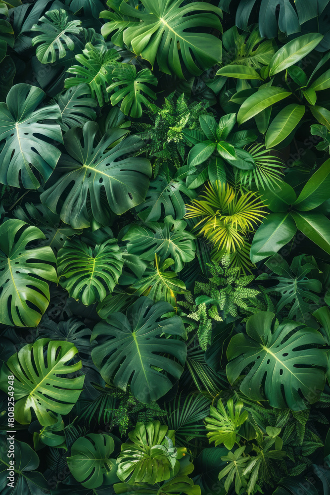 An overhead view of a dense tropical canopy, with overlapping leaves in various shades of green, creating a lush texture,