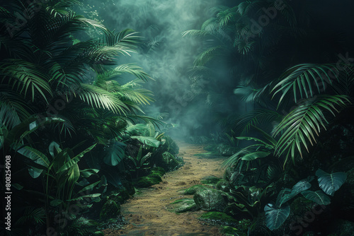 A pathway through a misty jungle, flanked by towering palms and broadleaf plants, painted in deep greens and earthy browns, photo