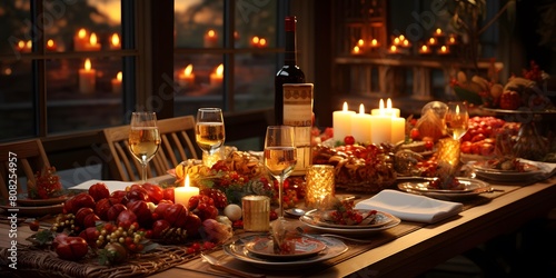 Festive table setting with wine, candles and fruits in a restaurant © A