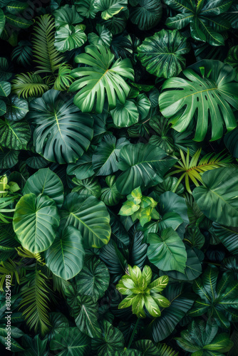 An overhead view of a dense tropical canopy  with overlapping leaves in various shades of green  creating a lush texture 