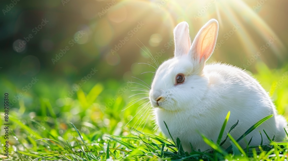 Sweet white easter bunny playfully catching floating eggs in lush green spring grass Sweet white easter bunny playfully catching floating eggs in lush green spring grass