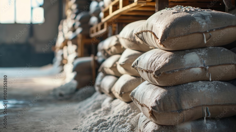 Landscape inside a warehouse with white color tons of sack or bag stacking up under the roof. Agricultural products being processed and ready for the export shipment. Industrial and factory concept.