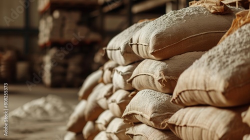 Flour bags in warehouses are stacked on pallets, factories for processing and as a mix ingredient photo