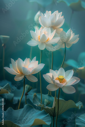 A dreamlike sequence of floating lotus flowers, each stroke blending softly into a watery blue and green background,